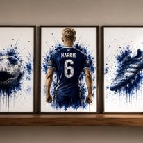 Set of three navy watercolour football prints — a ball, a shirt with name and number, and a boot
