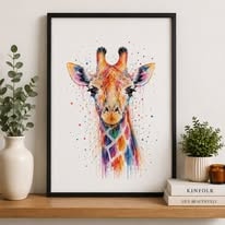 Rainbow watercolour giraffe portrait with paint splashes
