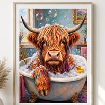 Colourful painted Highland cow relaxing in a bubble bath with a rubber duck