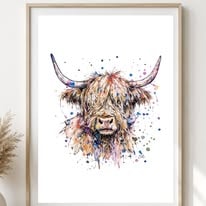 Watercolour Highland cow in soft pinks, blues and golds with paint splashes