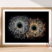 Framed print of two irises side by side with golden sparkles and two names